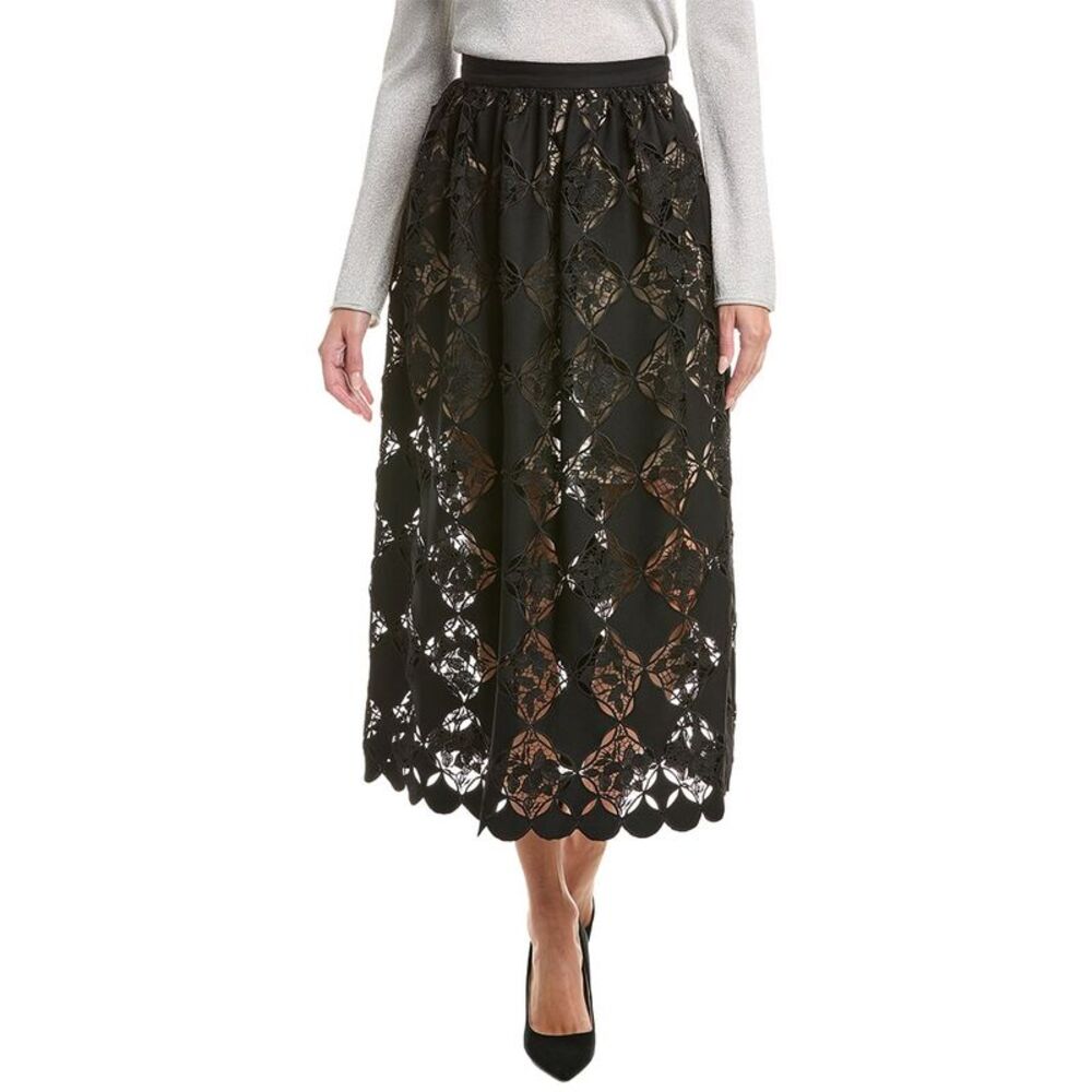 Oscar De La Renta Womens Gardenia Guipure Eyelet Silk-Lined Full Skirt, Black